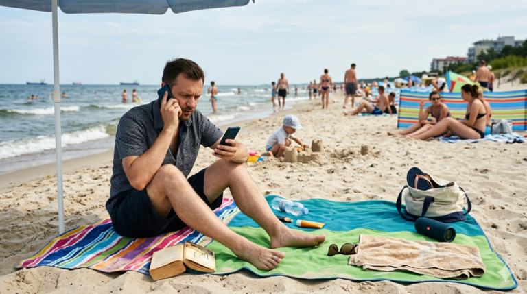 Obraz przedstawia realistyczną scenę na plaży w słoneczny dzień